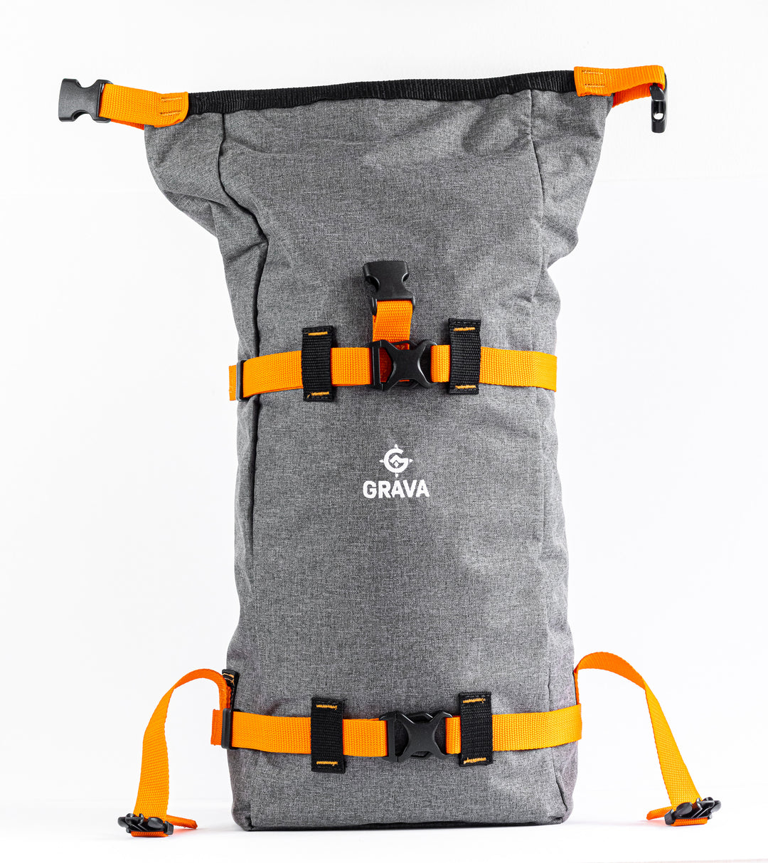 Front view of the Grava adventure backpack again.  For this image the top is displayed not rolled over.  We see an ample amount of material for the roll top, the stitching at the top of the roll top bag and the location of the top buckles.
