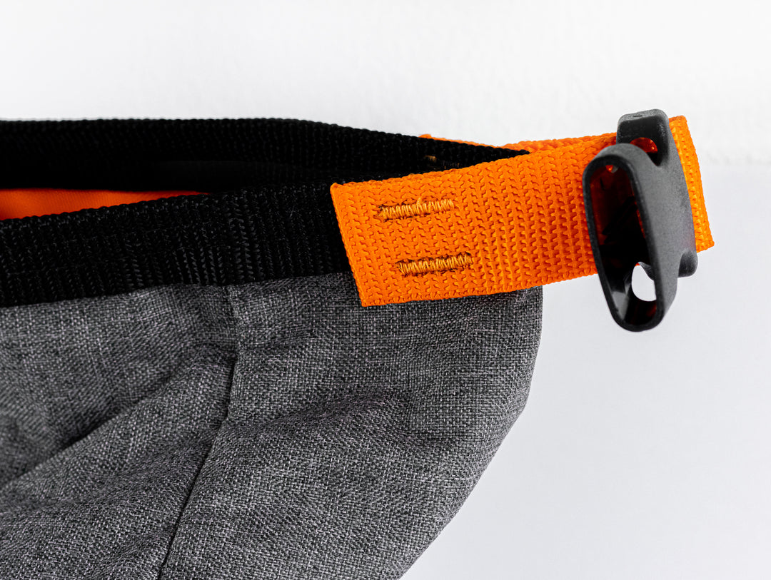 close up view of the top of our backpack to show the side buckles to keep the roll top secure.  This picture showcases the quality stitching that keeps everything attached and lasting a very long time.