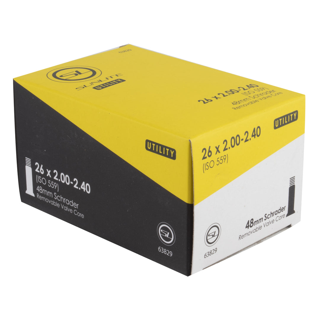Sunlite Utili-T 26 × 2.00–2.40 tube box showing ISO 559 and 48 mm Schrader valve