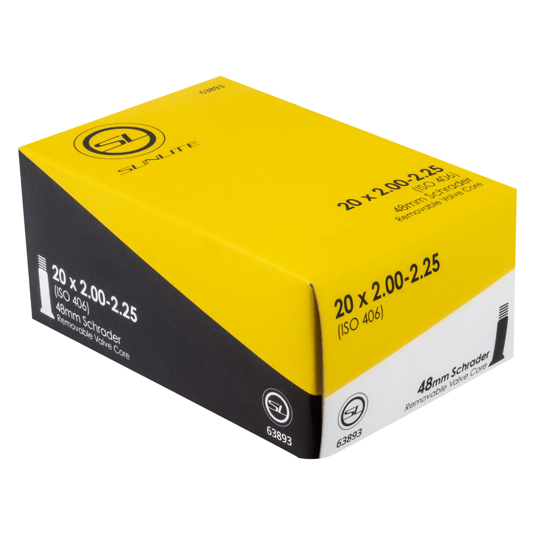 Sunlite 20 × 2.00–2.25 inner tube box showing ISO 406 and 48 mm Schrader valve
