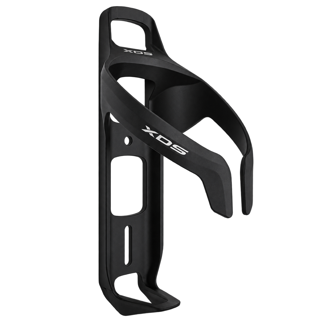 Black XDS water bottle cage with white XDS logos, part 9900-13007