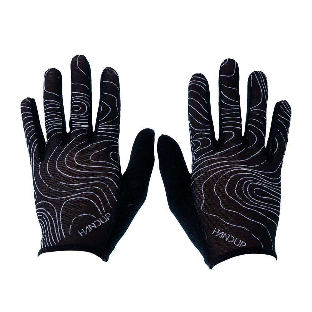 Pair of Handup Vented Topo Map Black gloves showing map pattern
