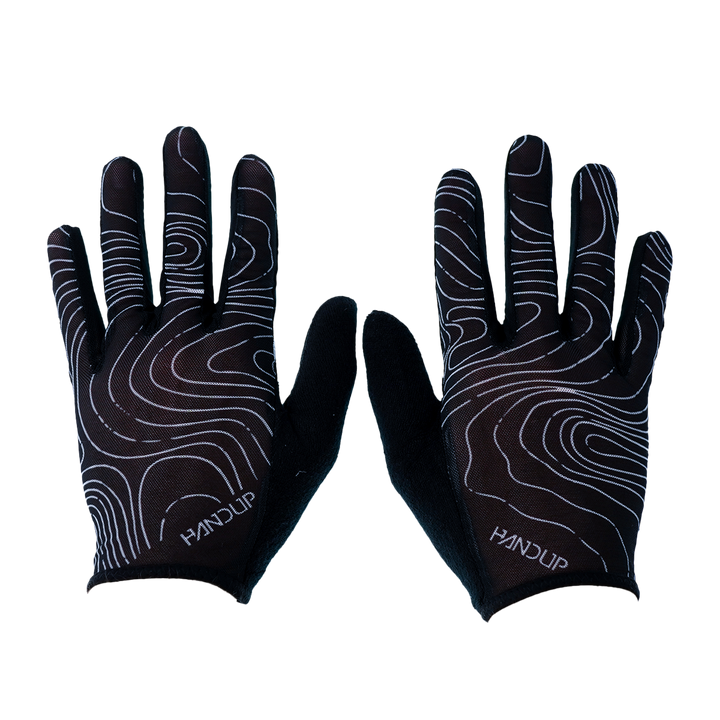 Pair of Handup Vented Topo Map Black gloves showing map pattern