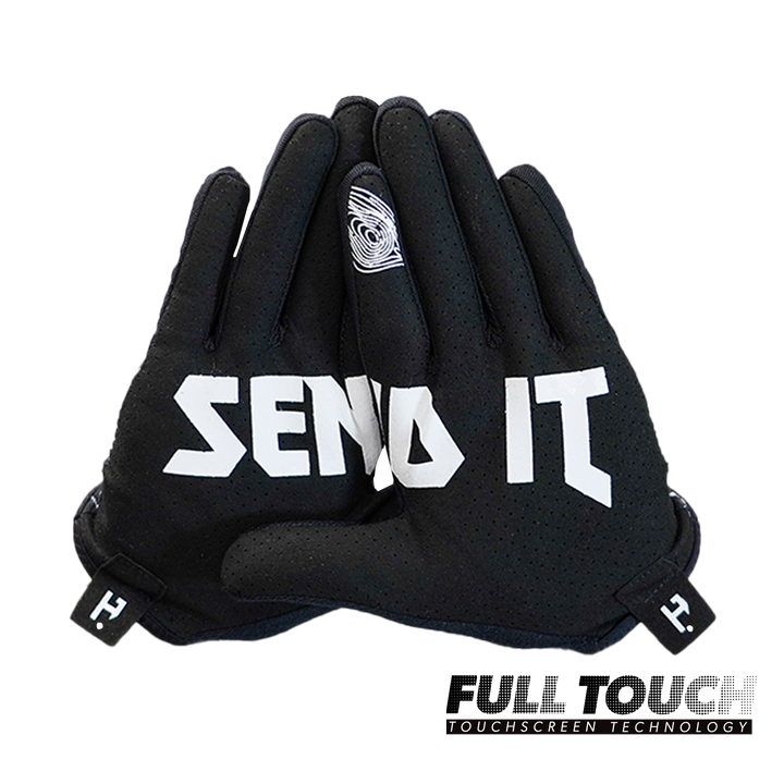Handup Vented glove palms with ventilation holes and SEND IT grip graphics