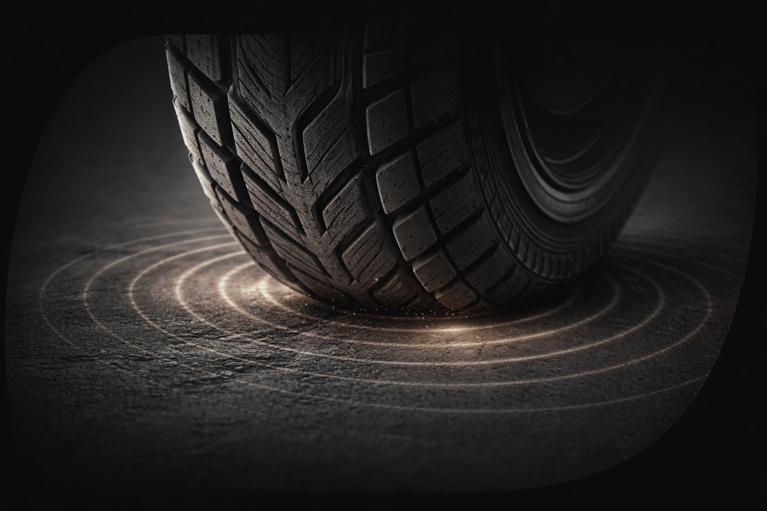 Close-up of a tire with tread pattern on a dark background