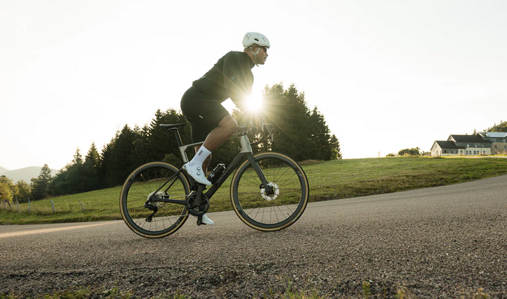 Person riding a bicycle on a road with trees and a house in the background