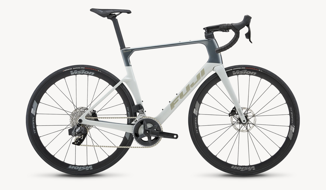 White bicycle with black components on a white background