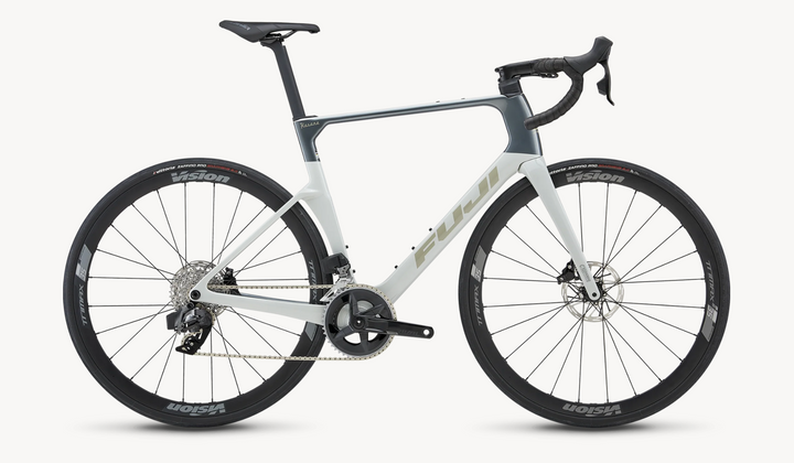 White bicycle with black components on a white background