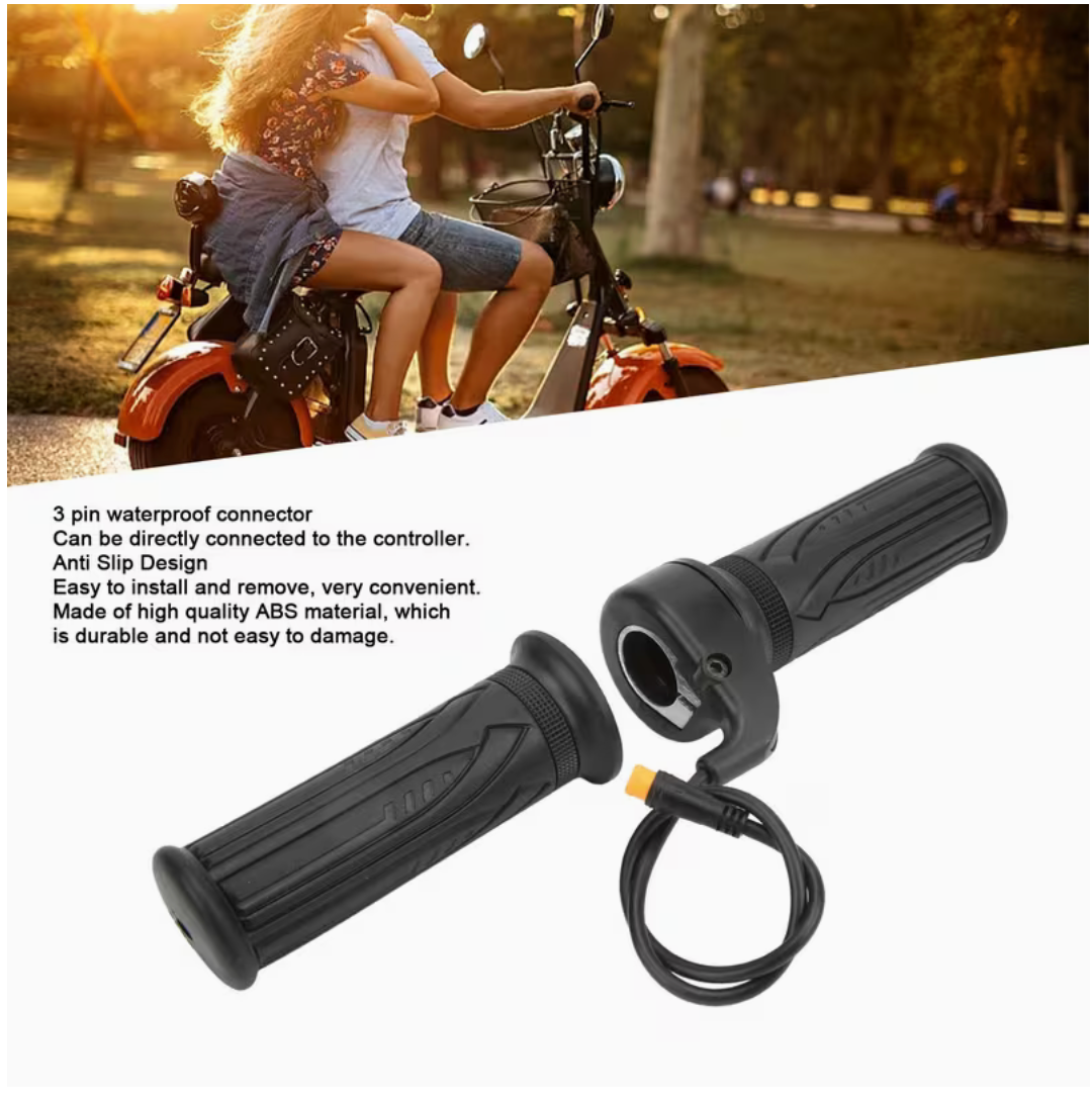 Motor scooter with a person sitting on it, featuring a close-up of black scooter grips with text overlay.
