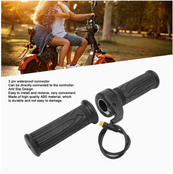 Motor scooter with a person sitting on it, featuring a close-up of black scooter grips with text overlay.