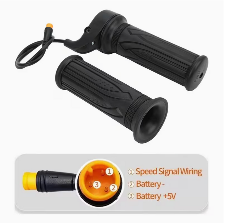 Black E-Bike grips with wiring diagram on a white background