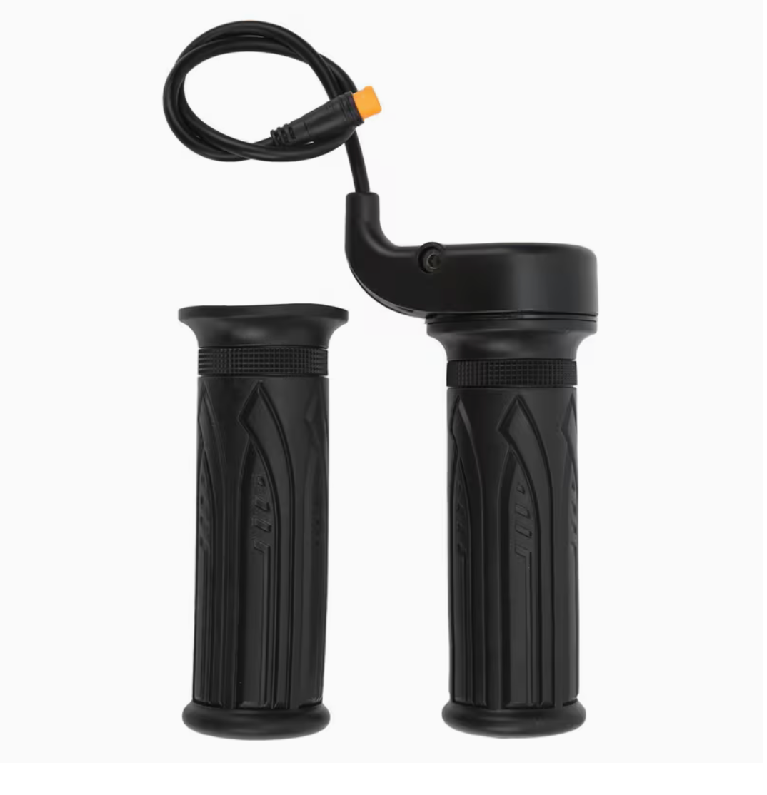 Black e-bike grips with throttle housing on a white background