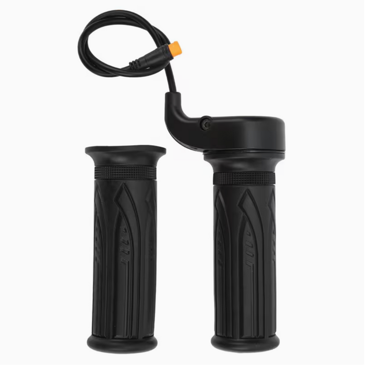 Black e-bike grips with throttle housing on a white background