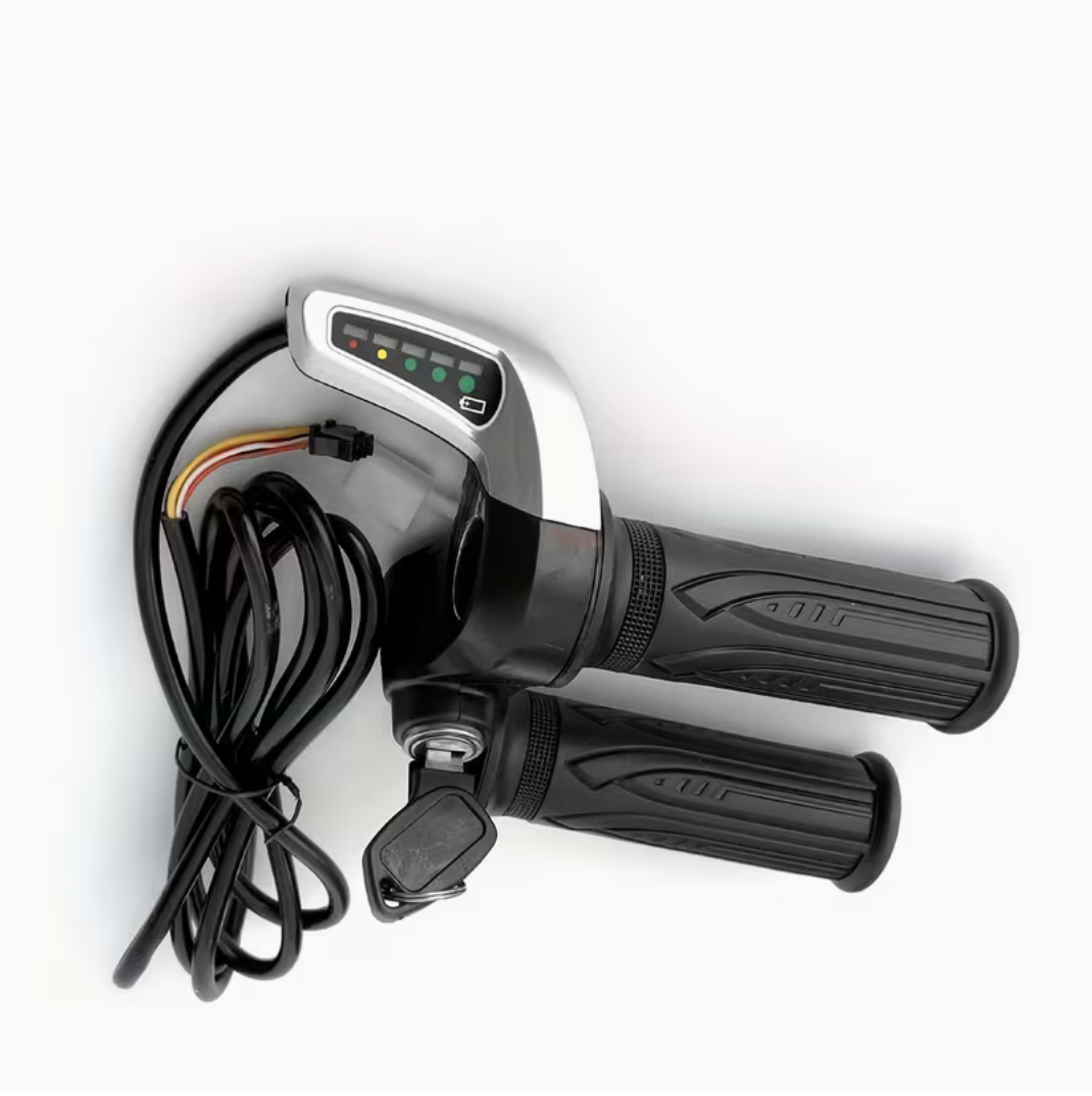 Motorcycle throttle grip with control panel on a white background
