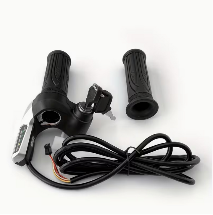 Black E-bike throttle grip set with wiring on a white background