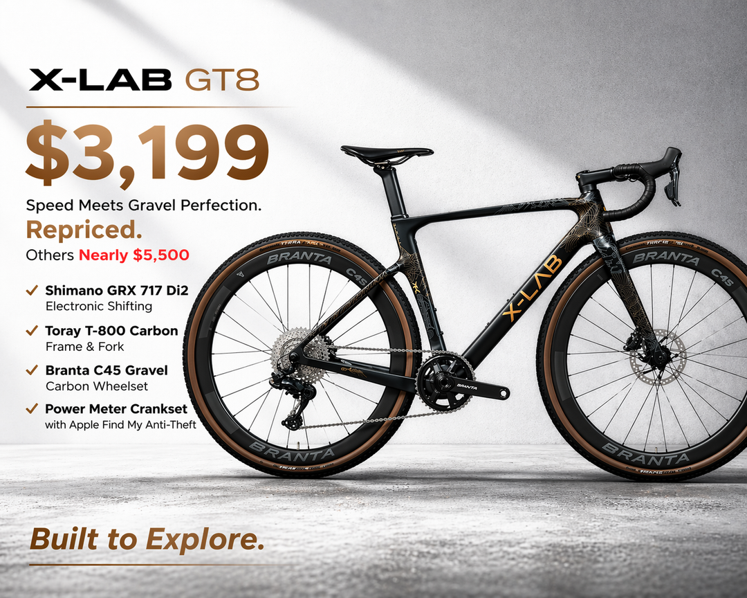X-LAB GT8 bicycle with pricing and feature text on a gray background