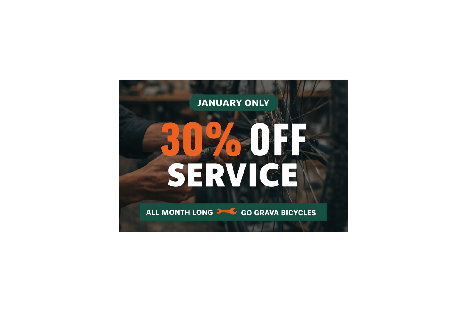 Promotional banner for 30% off service at Go Grava Bicycles with a person working on a bicycle wheel.
