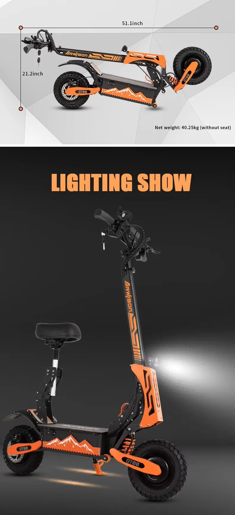 Arwibon GT08 Electric Scooter — 5600W Dual Motor / 60V 27Ah / Full Suspension