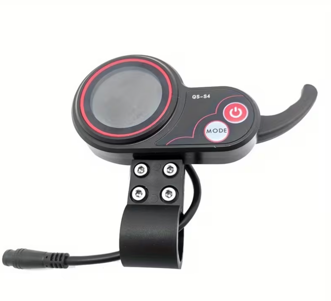 Black and red electronic device with buttons and a screen on a white background