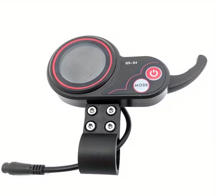 Black and red electronic device with buttons and a screen on a white background