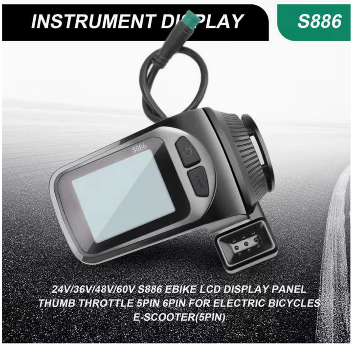 Commendi S886 E-Bike LCD Display & Thumb Throttle – 24V–60V – 22.2mm – 5-Pin