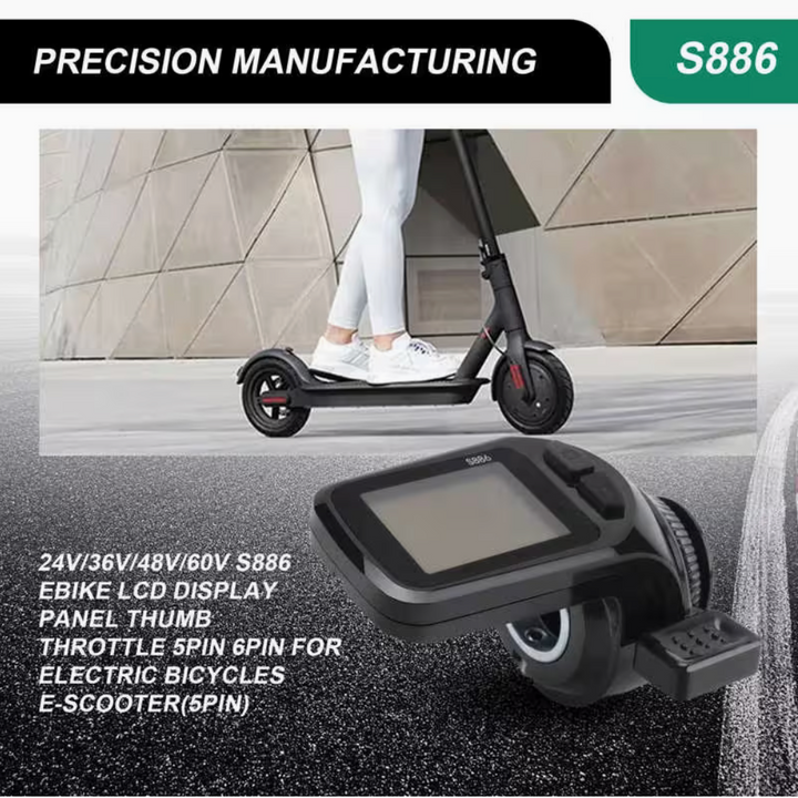 Commendi S886 E-Bike LCD Display & Thumb Throttle – 24V–60V – 22.2mm – 5-Pin