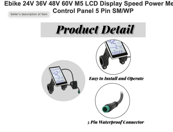 LCD-M5 E-Bike LCD Display – 24V–60V – 5-Pin Waterproof – 22.2mm