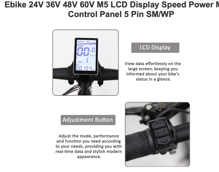 LCD-M5 E-Bike LCD Display – 24V–60V – 5-Pin Waterproof – 22.2mm