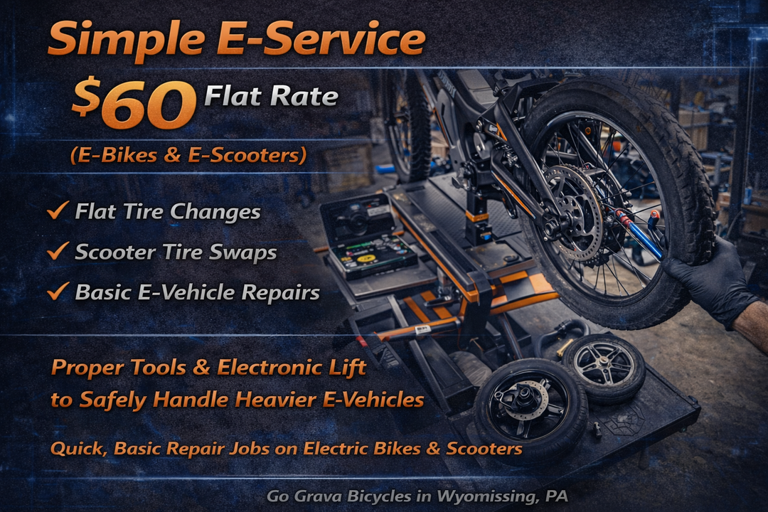Advertisement for electric bike and scooter repair services with a flat rate of $60, including tire changes and repairs.