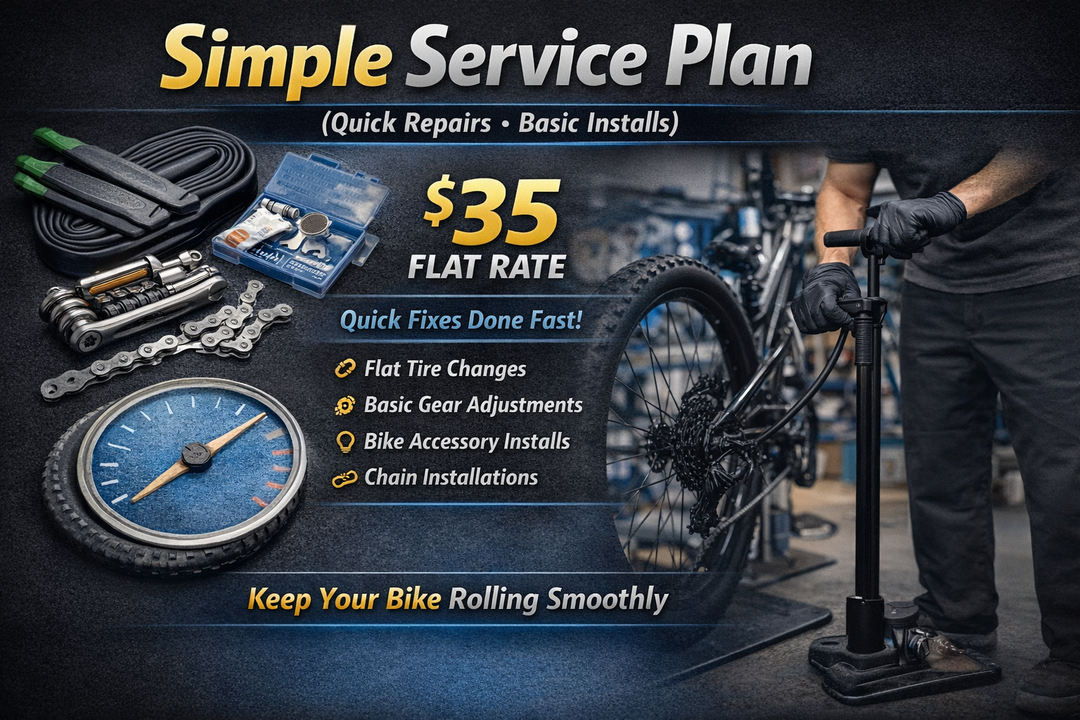 Bicycle repair service plan with tools and a bike, priced at $35.