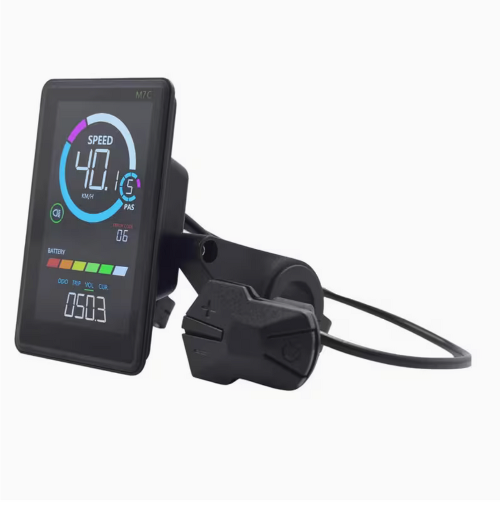 Digital display with speedometer and battery indicator on a white background