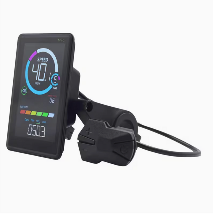 Digital display with speedometer and battery indicator on a white background