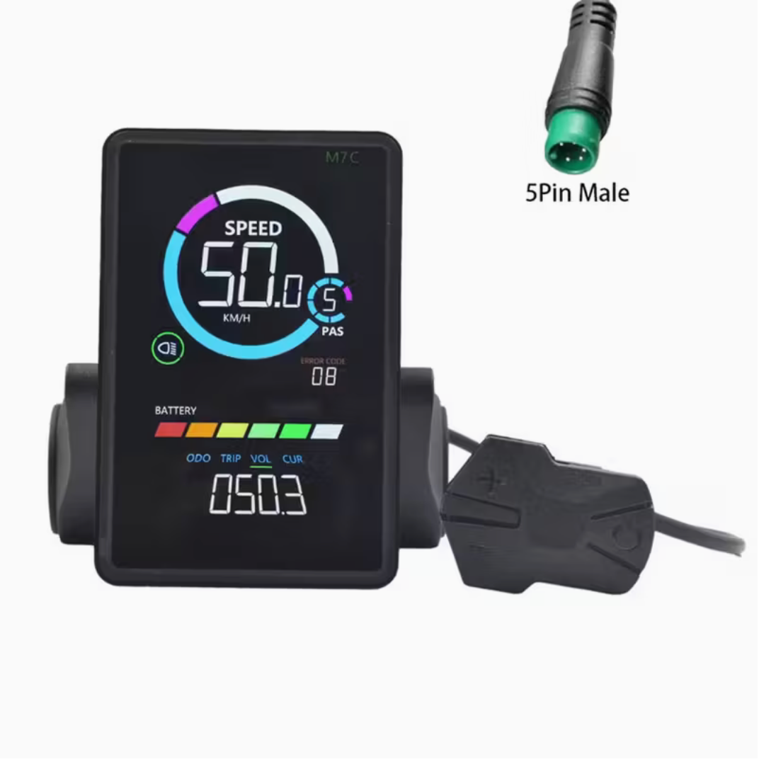 Digital speedometer with display and 5Pin Male connector on a white background