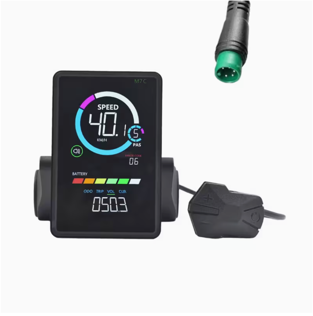 Digital display with speedometer and control buttons on a white background