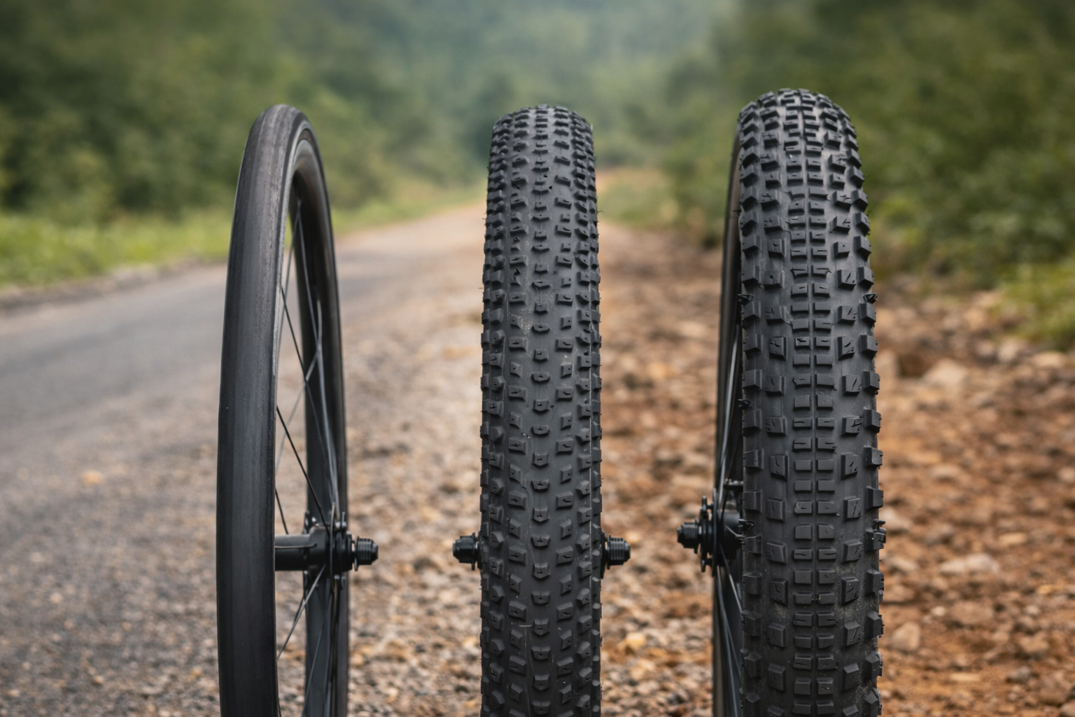 Close-up of bicycle tires on a gravel road with blurred greenery in the background