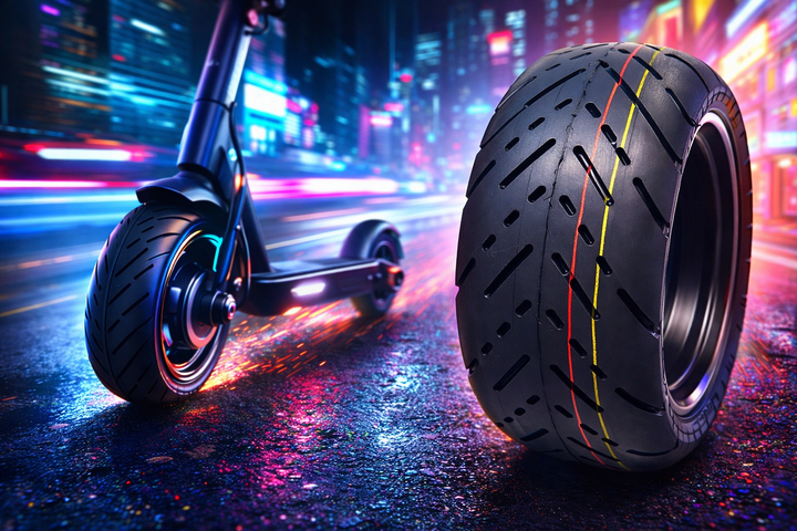 Tire with colorful tread pattern on a neon city street background
