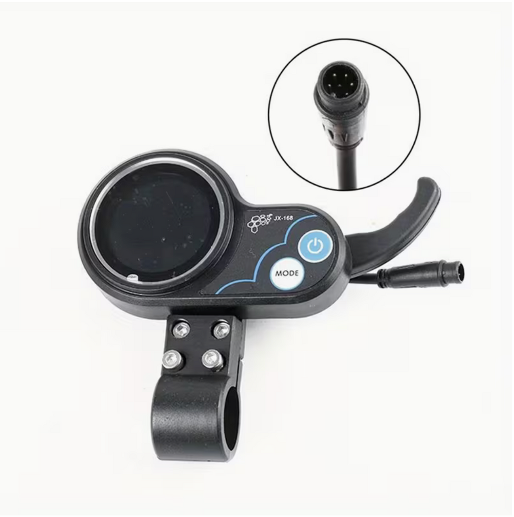 Black motorcycle handlebar control unit with power and mode buttons on a white background