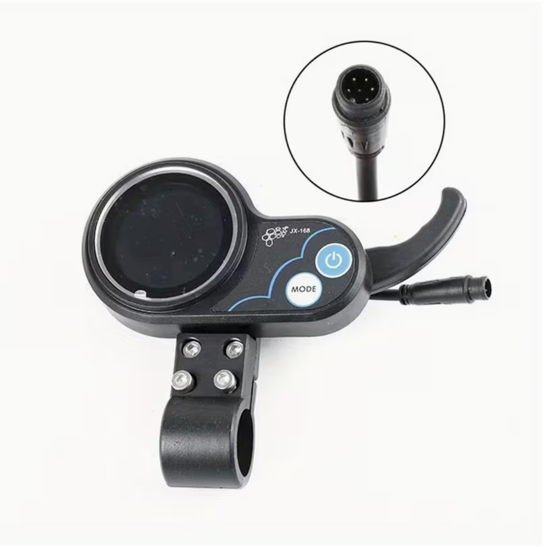 Black motorcycle handlebar control unit with power and mode buttons on a white background
