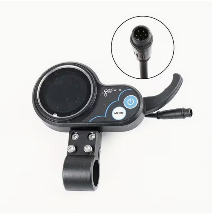 Black motorcycle handlebar control unit with power and mode buttons on a white background