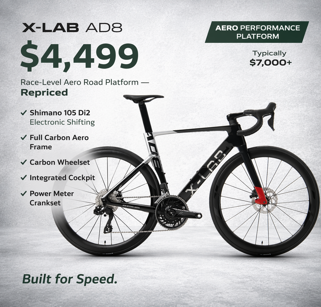 X-LAB AD8 bicycle with pricing and features on a gray background