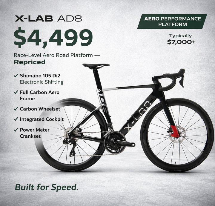 X-LAB AD8 bicycle with pricing and features on a gray background