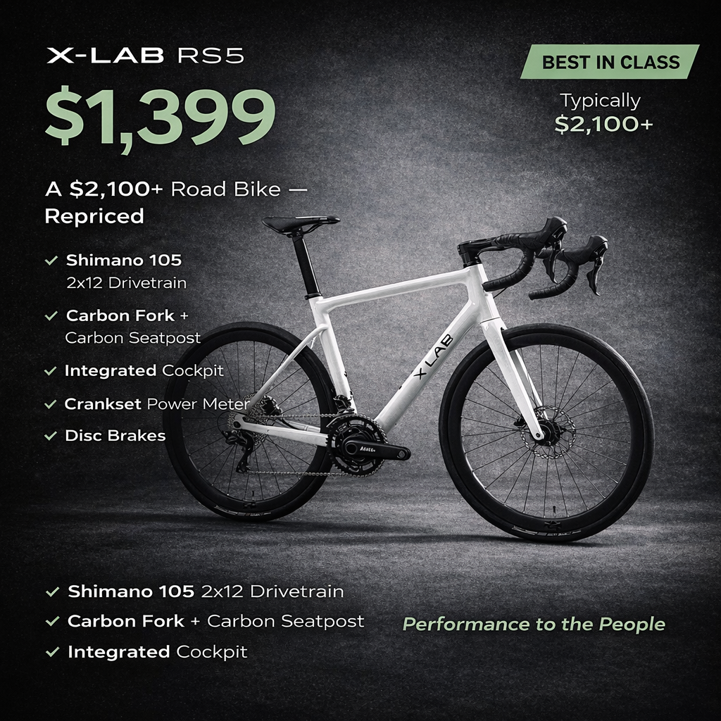 X-LAB RS5 bicycle with pricing and features on a dark background