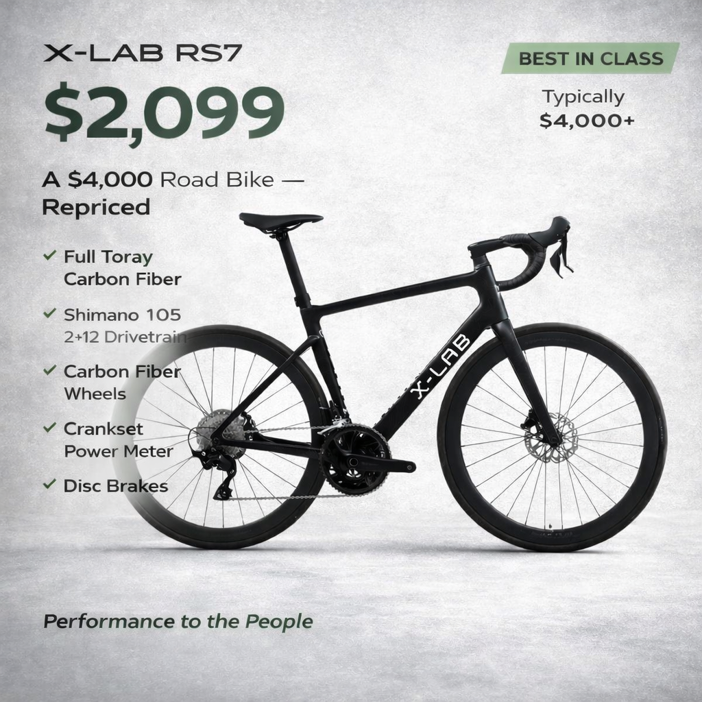 X-LAB RS7 bicycle with pricing and features on a gray background