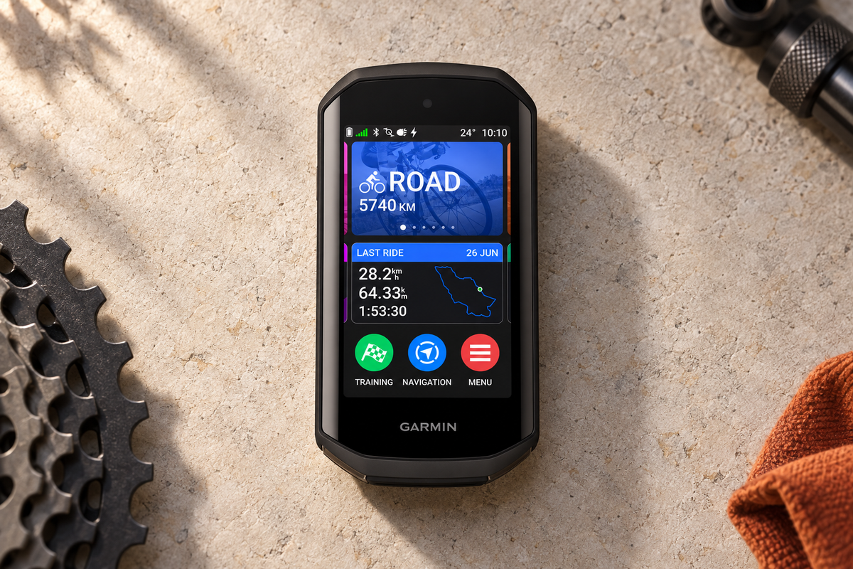 Garmin Edge 1050 bike computer on a workshop bench