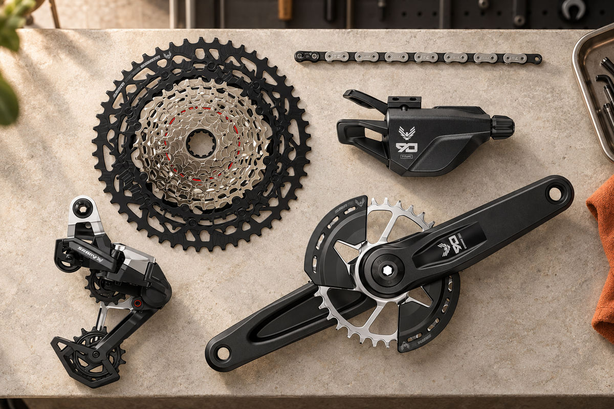 SRAM Eagle 90 mechanical groupset arranged on a workshop bench