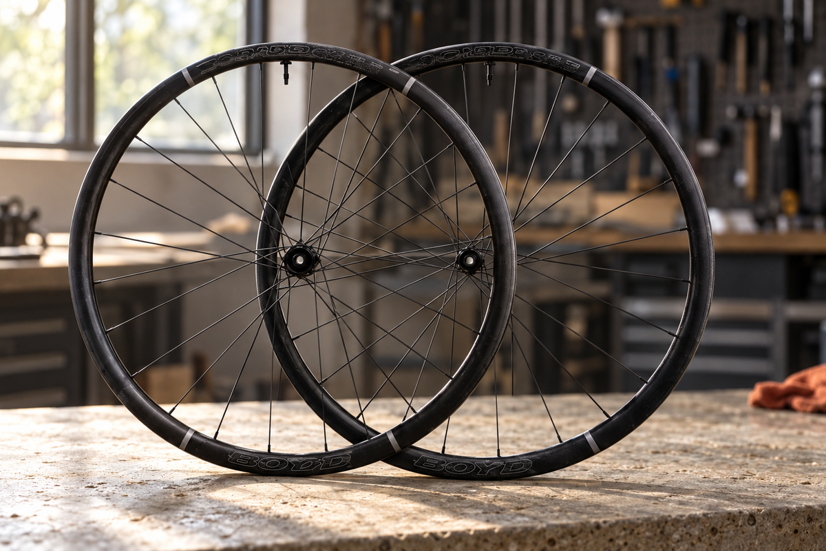 Boyd carbon gravel wheelset in a warm workshop setting
