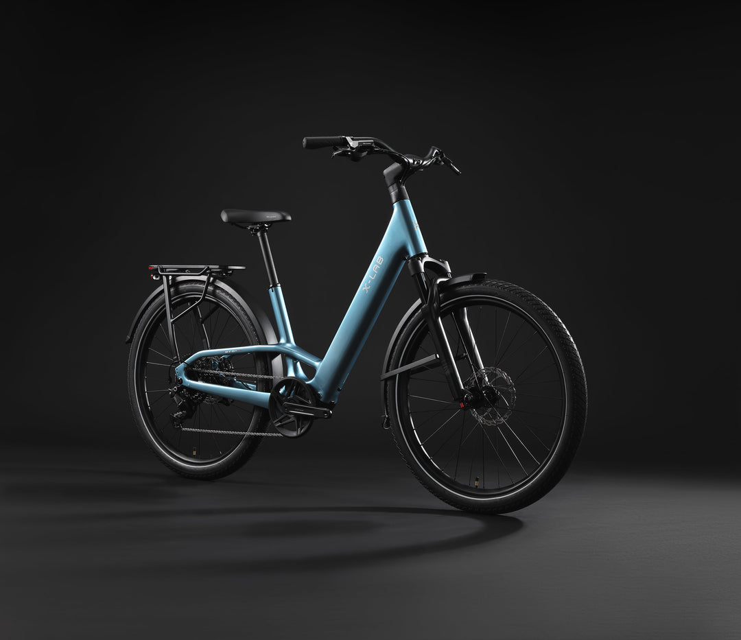 X-LAB ST5+ LS Low Step electric bicycle in Aether Sky Blue, front three-quarter view of the low-step frame