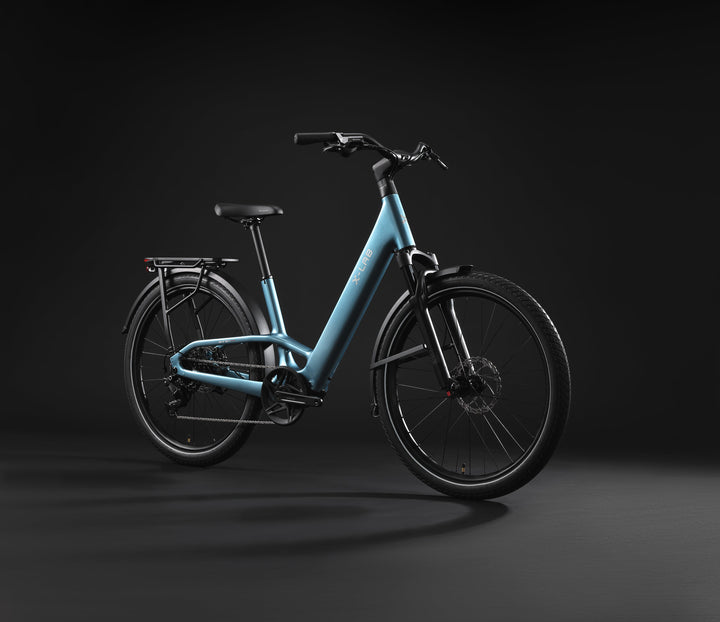 X-LAB ST5+ LS Low Step electric bicycle in Aether Sky Blue, front three-quarter view of the low-step frame