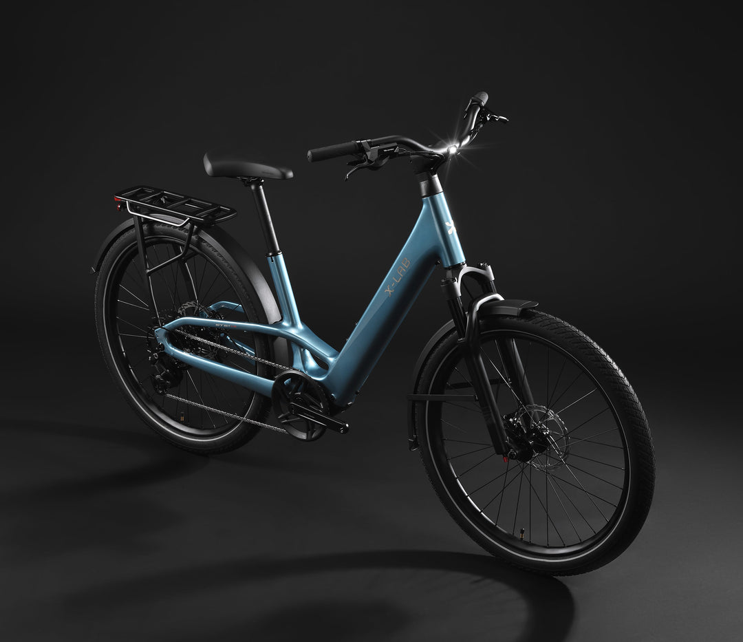 X-LAB ST5+ LS Low Step electric bicycle in Aether Sky Blue, elevated front three-quarter view with integrated cockpit