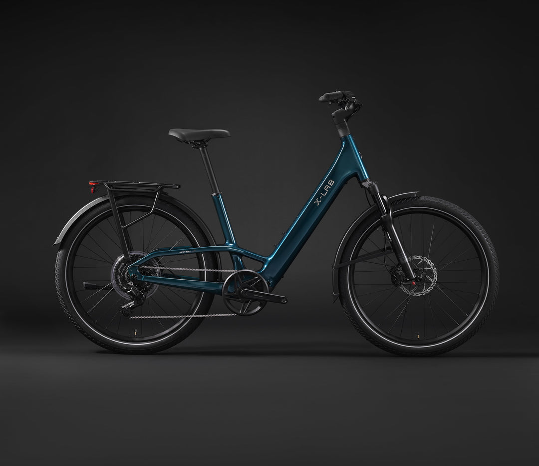 X-LAB ST5+ LS Low Step electric bicycle in Deep Current Blue, drivetrain-side profile with rear rack and fenders